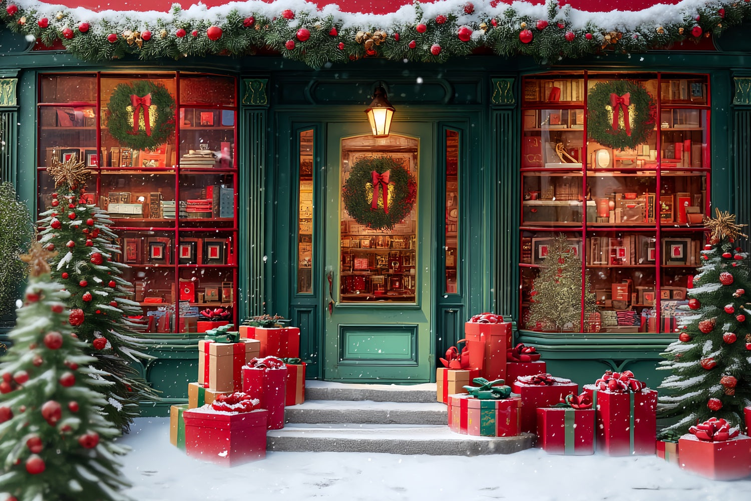 Toy Store Backdrop Festive Bookstore Snowy Entrance Christmas Photo Backdrops UK TWW59-110