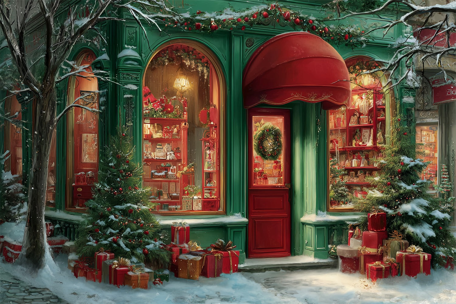 Toy Store Backdrop Holiday Boutique Red Awning Christmas Backdrops for Photos UK TWW59-111