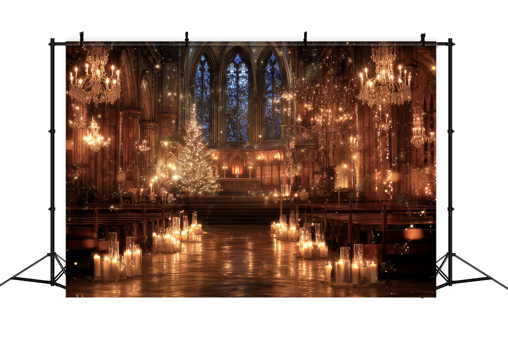 Church Backdrop Golden Candlelit Cathedral Magic Christmas Photography Backdrops UK TWW59-114