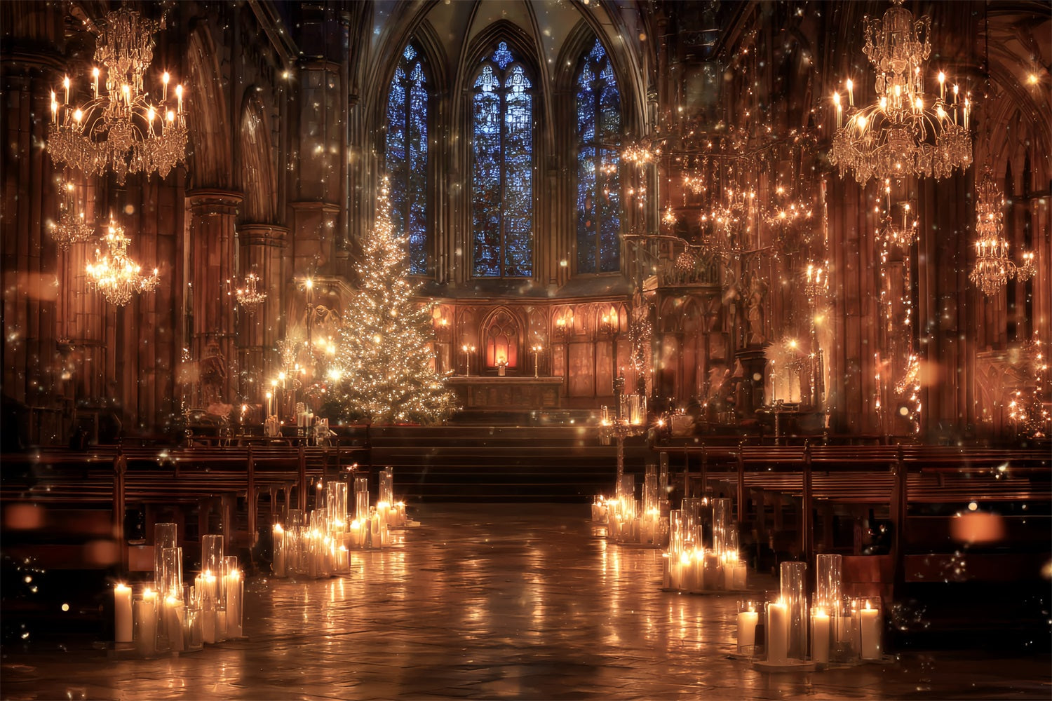 Church Backdrop Golden Candlelit Cathedral Magic Christmas Photography Backdrops UK TWW59-114