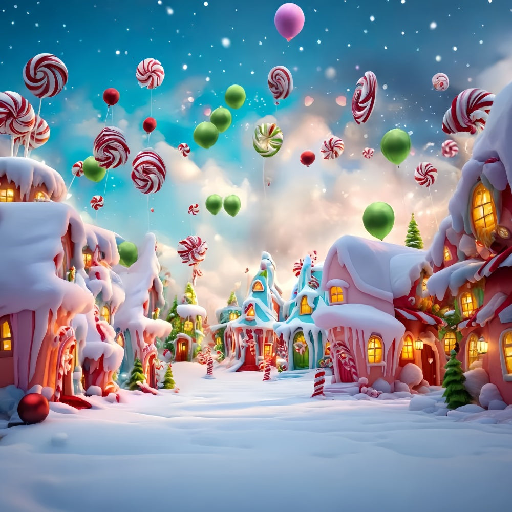 Candyland Backdrop Candy Balloon Snowy Village Christmas Photography Backdrops UK TWW59-121