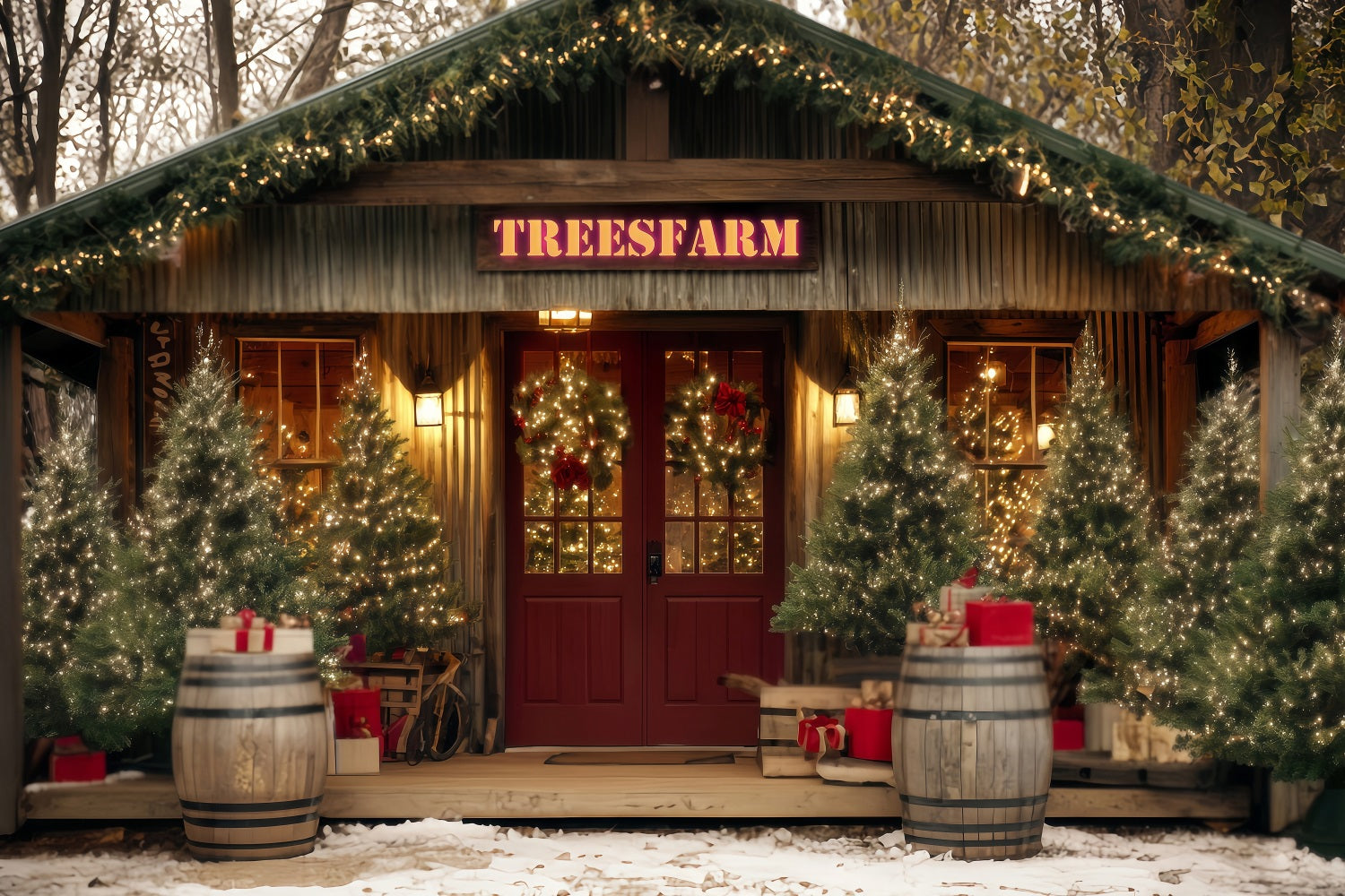 Christmas Farm Backdrop Rustic Tree Farm Entrance Christmas Photo Backdrops UK TWW59-122