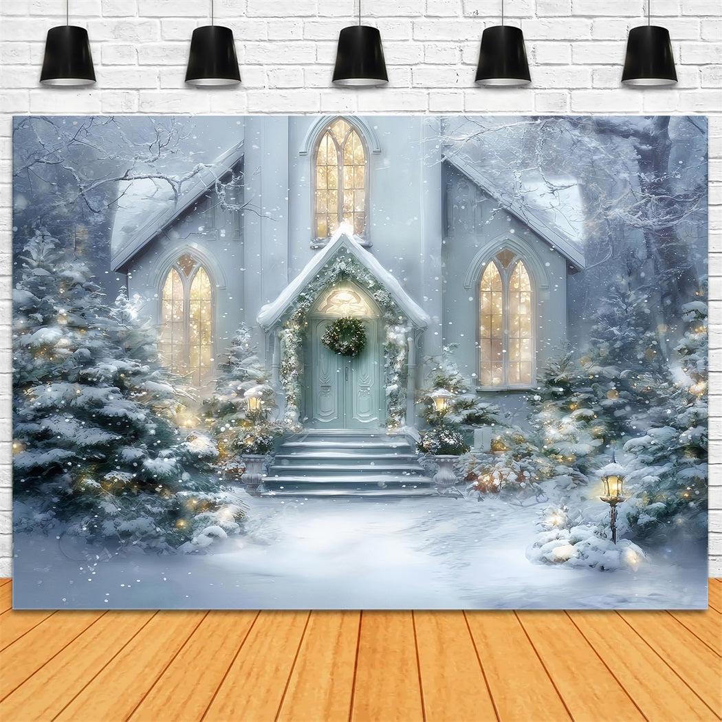 Church Backdrop Snowy Church Entrance Glow Christmas Backdrop Photography UK TWW59-125