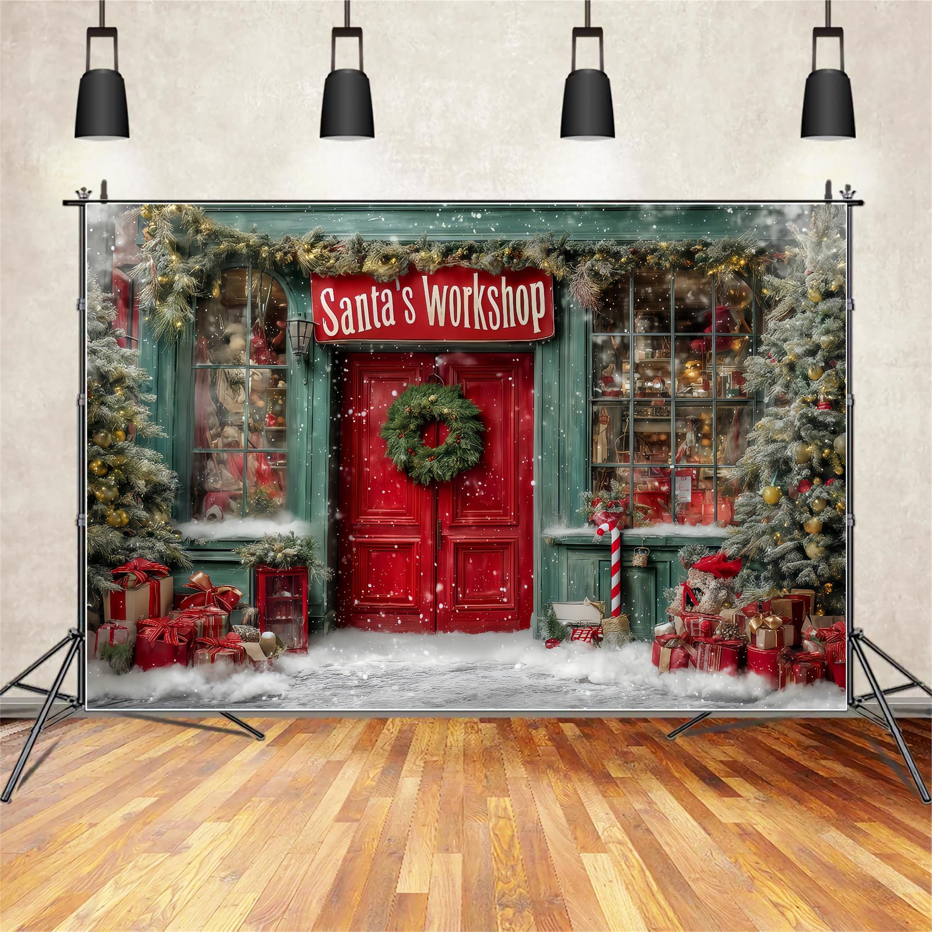 Santa’s Workshop Backdrop Santa Workshop Festive Front Christmas Backdrops UK TWW59-127