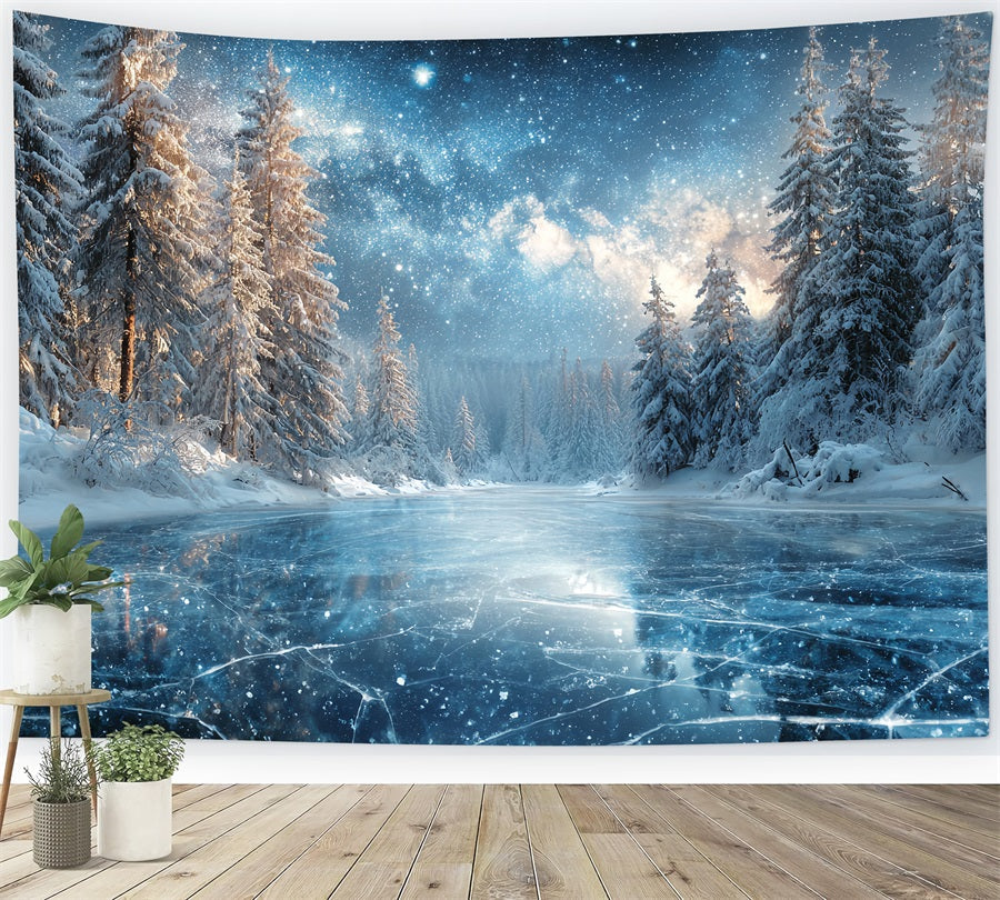 Winter Forest Backdrop Frozen Lake Starry Night Snowy Forest Backdrop UK TWW59-129