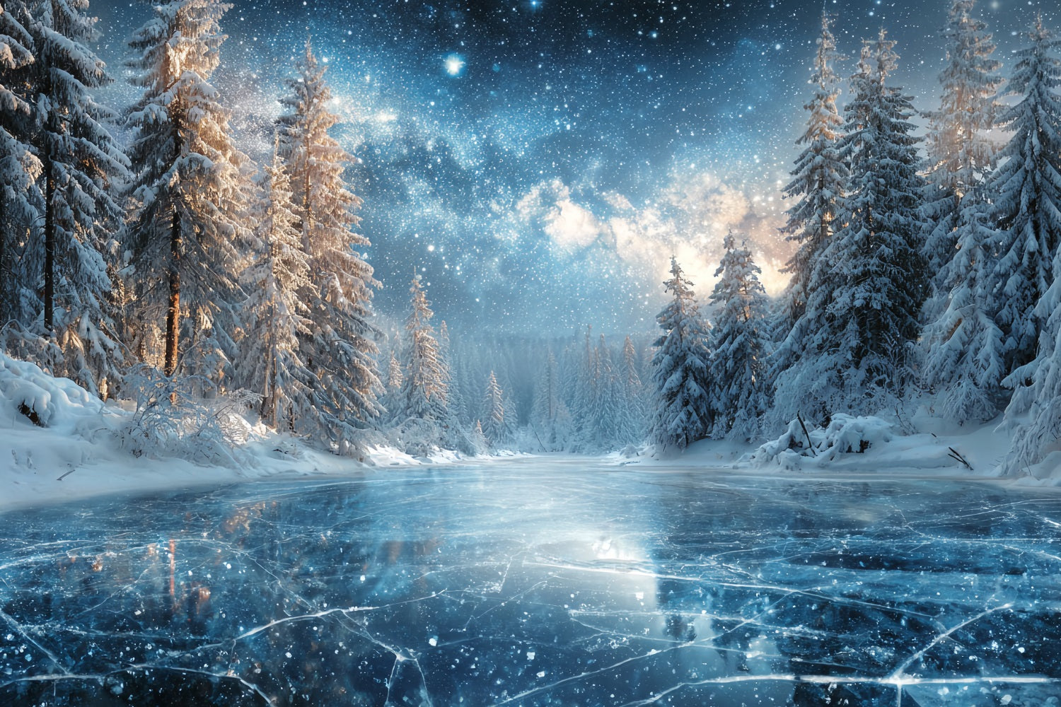 Winter Forest Backdrop Frozen Lake Starry Night Snowy Forest Backdrop UK TWW59-129