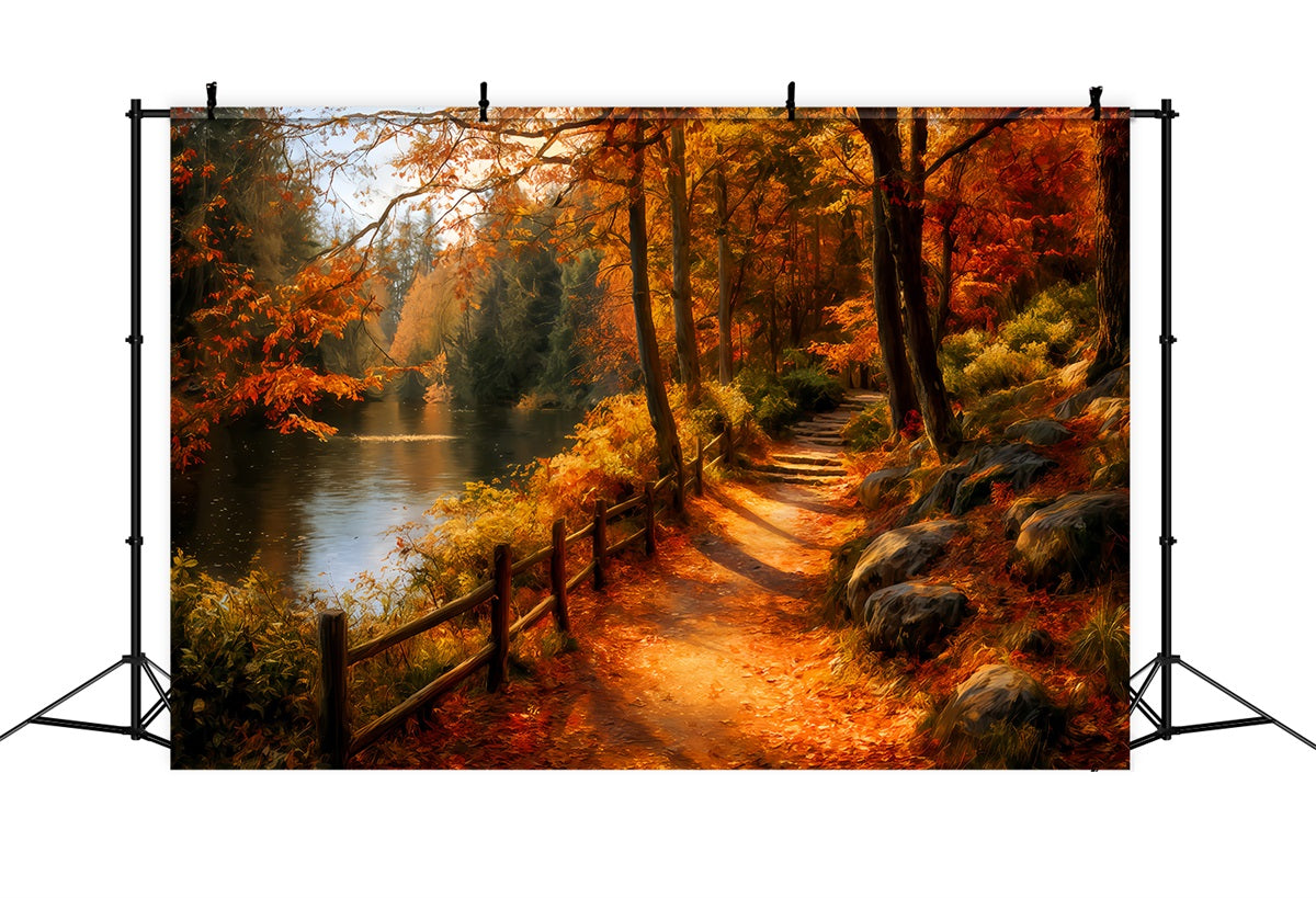 Fall Forest Backdrop Scenic Riverside Autumn Path Forest Photo Backdrop UK TWW59-139