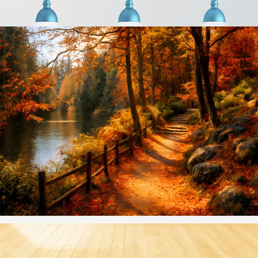 Fall Forest Backdrop Scenic Riverside Autumn Path Forest Photo Backdrop UK TWW59-139