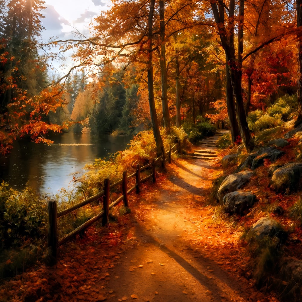 Fall Forest Backdrop Scenic Riverside Autumn Path Forest Photo Backdrop UK TWW59-139