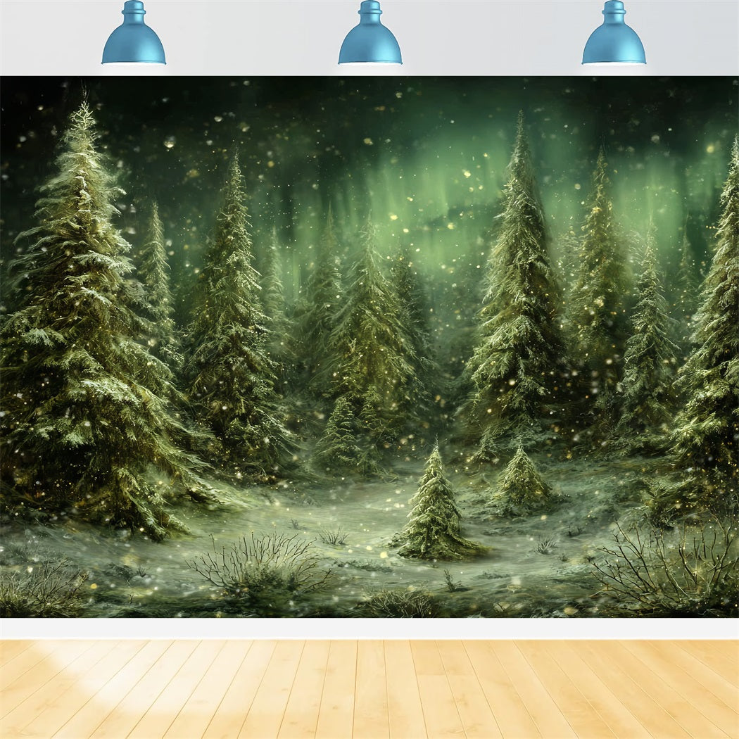 Pine Forest Backdrop Snowy Trees Northern Lights Snowy Forest Backdrop UK TWW59-143