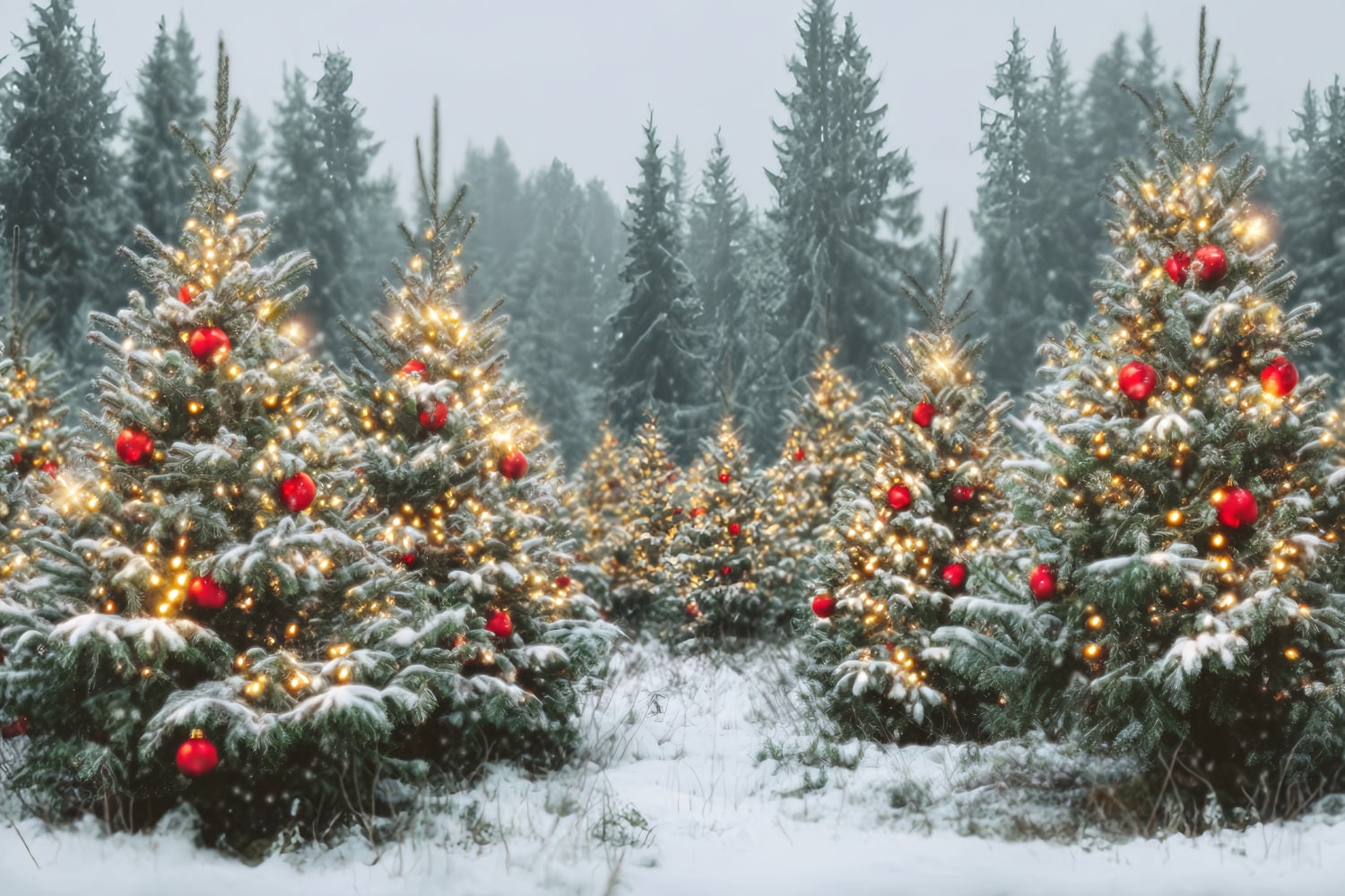 Christmas Forest Backdrop Snowy Trees Golden Ornaments Pine Forest Backdrop UK TWW59-147