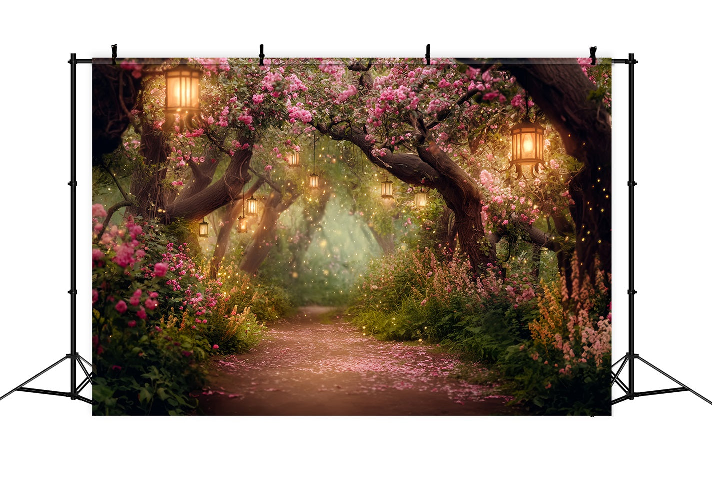 Night Forest Backdrop Blooming Lantern Flower Path Forest Photo Backdrop UK TWW59-155