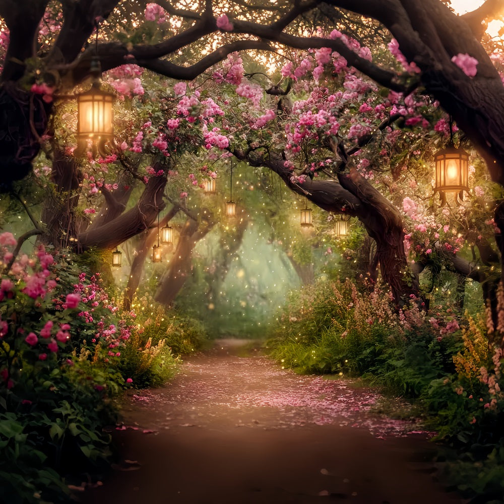 Night Forest Backdrop Blooming Lantern Flower Path Forest Photo Backdrop UK TWW59-155