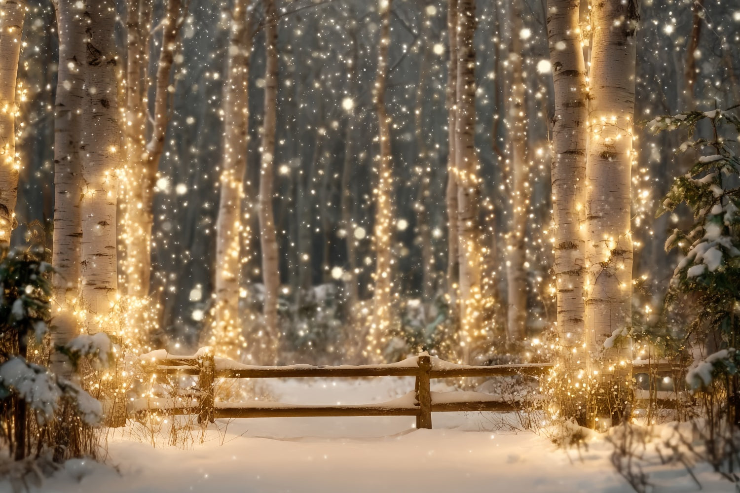 Night Forest Backdrop Snowy Birch Sparkling Lights Winter Forest Backdrop UK TWW59-157