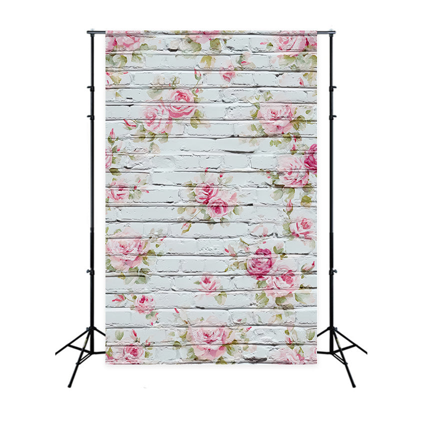 Brick Backdrops Whitewashed Floral Painted Roses Brick Wall Photo Backdrop UK TWW59-173