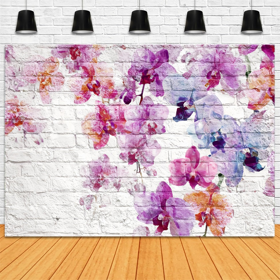 Brick Backdrops White Wall Watercolor Orchid Pattern Brick Wall Backdrop UK TWW59-182