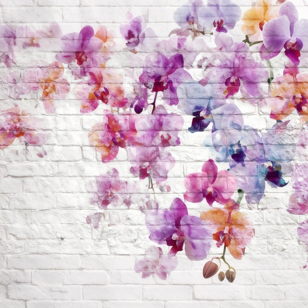 Brick Backdrops White Wall Watercolor Orchid Pattern Brick Wall Backdrop UK TWW59-182