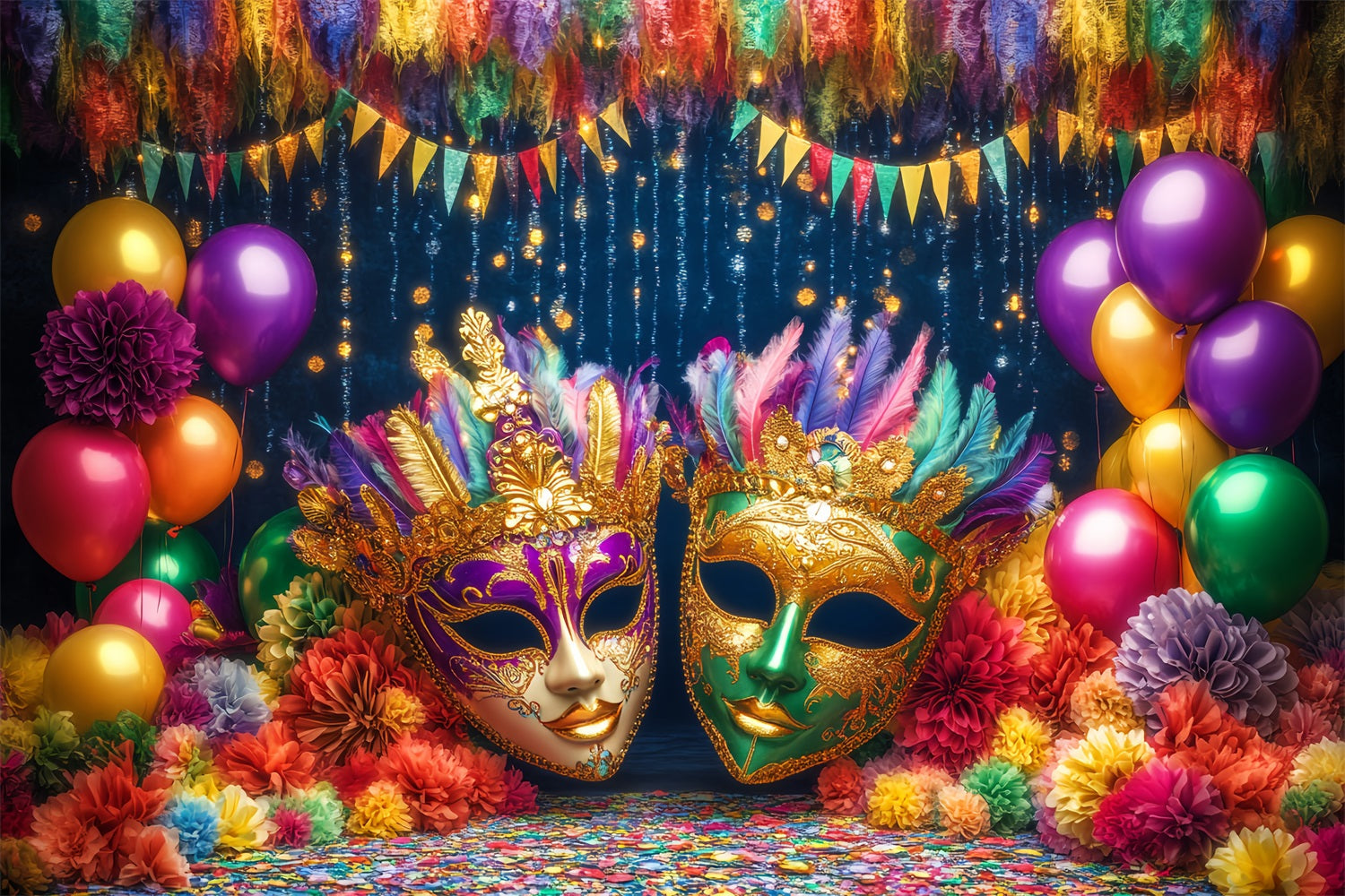 Mask Carnival Backdrop Colorful Balloons Feathered Masquerade Carnival Backdrop UK TWW59-19
