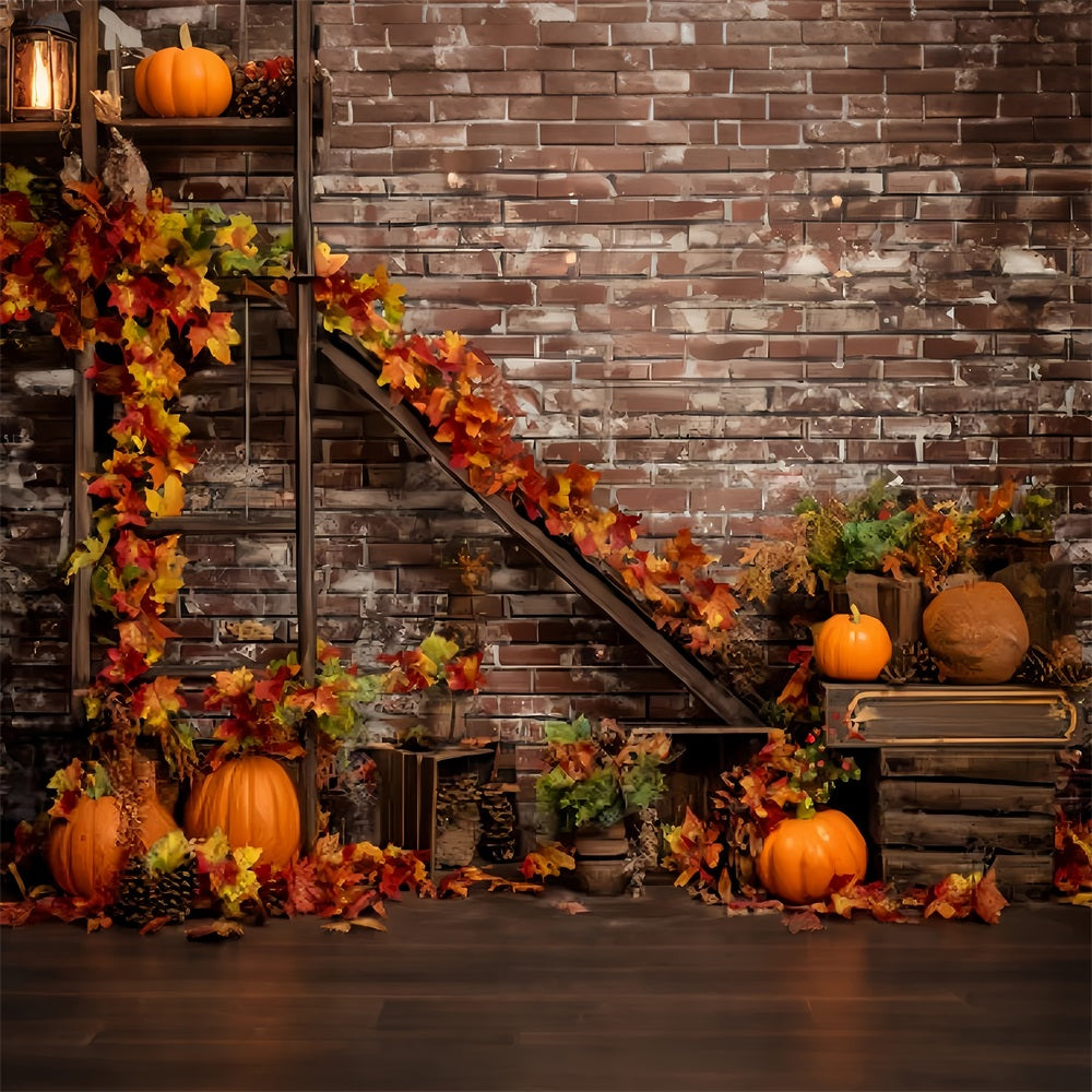 Brick Wall Backdrops Autumn Pumpkins Maple Leaves Brick Backdrop UK TWW59-195