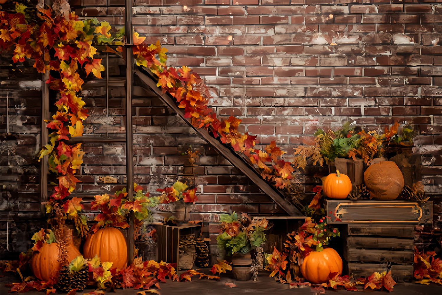 Brick Wall Backdrops Autumn Pumpkins Maple Leaves Brick Backdrop UK TWW59-195