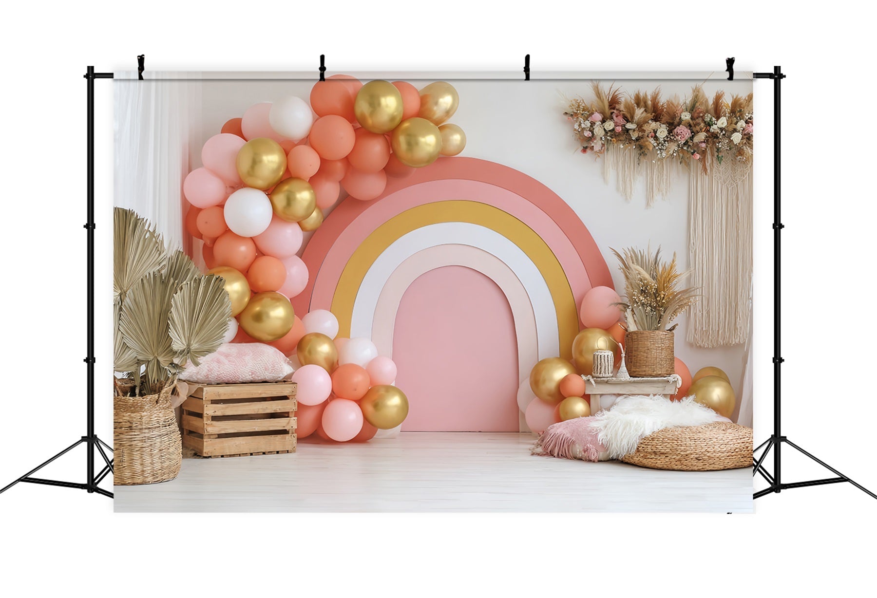 Cake Smash Backdrops Golden Rainbow Balloon Setup Cake Photography Backdrops UK TWW59-211
