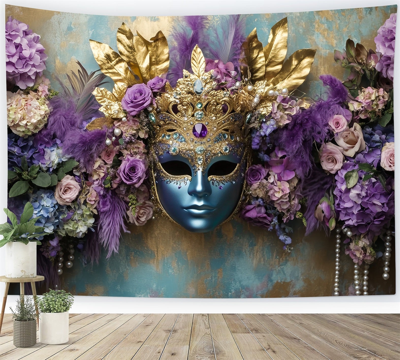 Mask Carnival Backdrop Blue Mask Purple Floral Elegance Carnival Backdrops UK TWW59-22