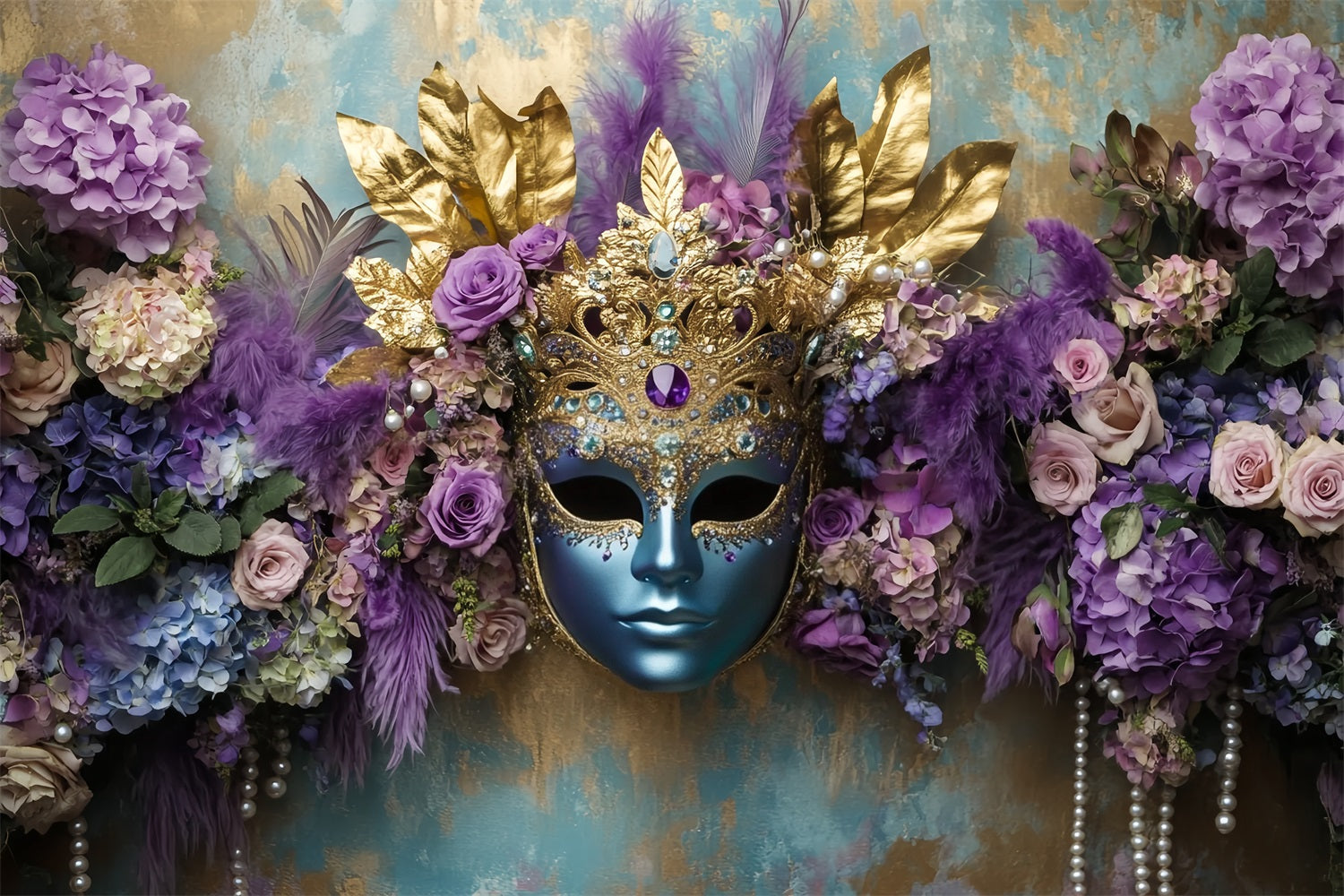 Mask Carnival Backdrop Blue Mask Purple Floral Elegance Carnival Backdrops UK TWW59-22