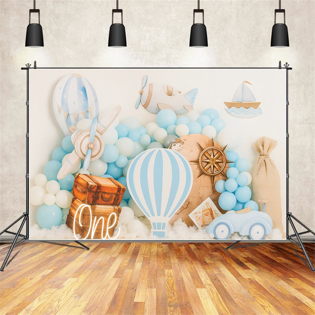 Cake Smash Backdrop Blue Travel Adventure Theme Birthday Backdrops UK TWW59-220