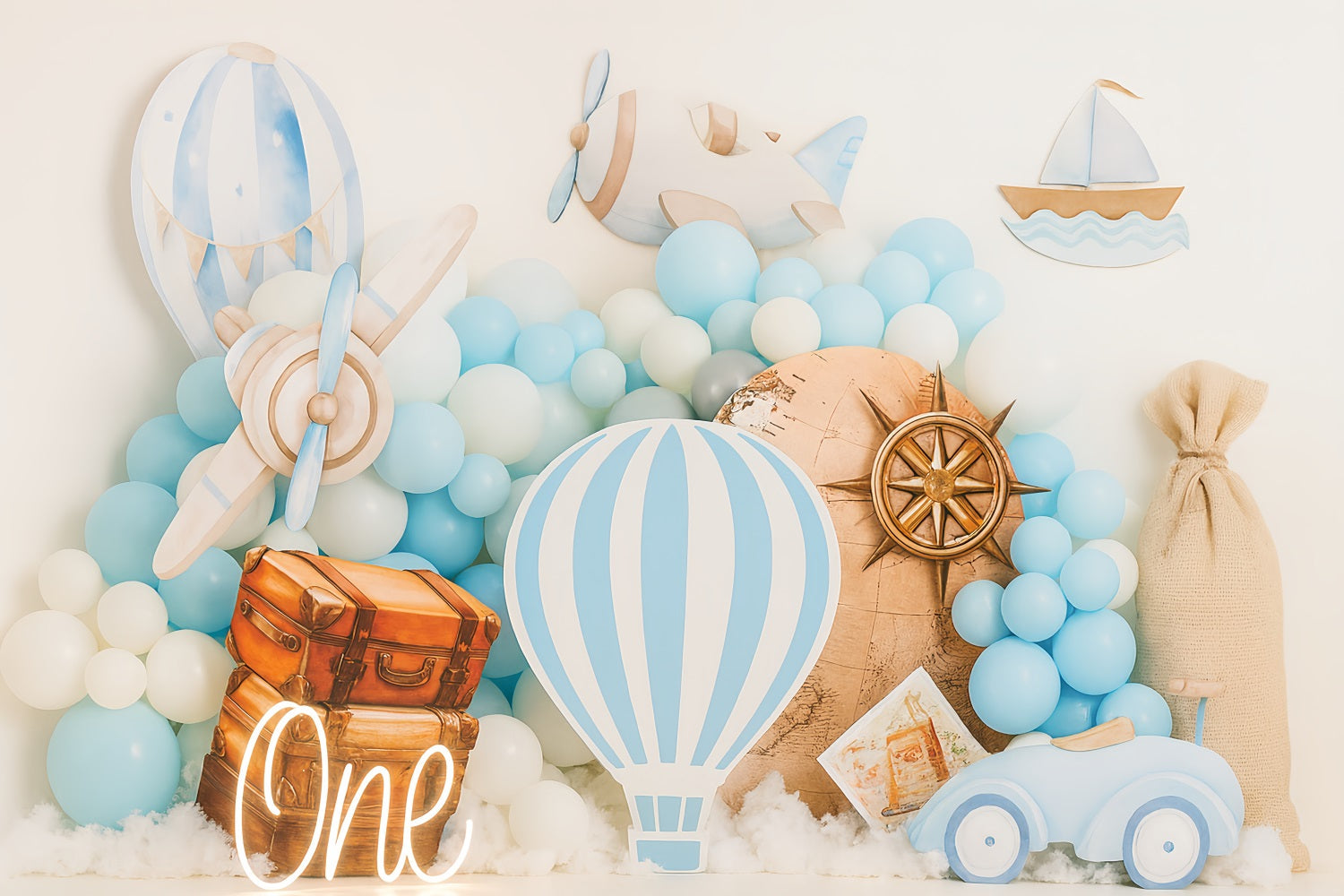 Cake Smash Backdrop Blue Travel Adventure Theme Birthday Backdrops UK TWW59-220