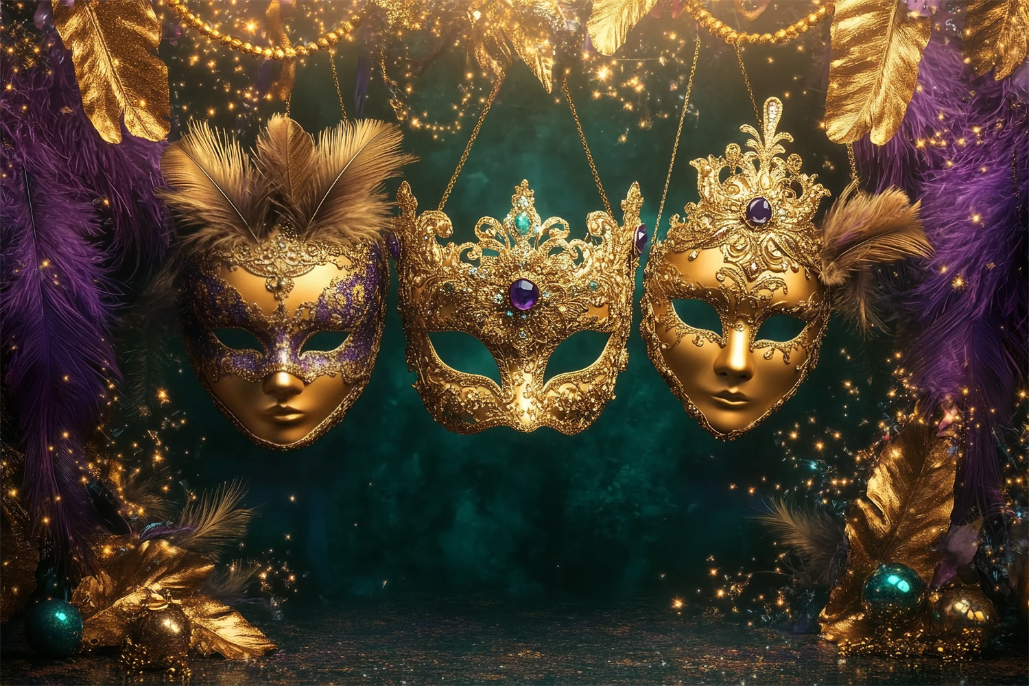 Mask Carnival Backdrop Golden Feathered Masquerade Trio Carnival Backdrop Ideas UK TWW59-25