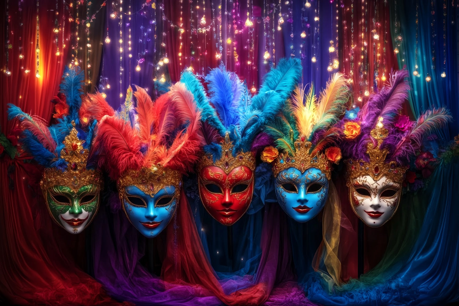 Mask Carnival Backdrop Colorful Feathered Masquerade Carnival Backdrop Ideas UK TWW59-27