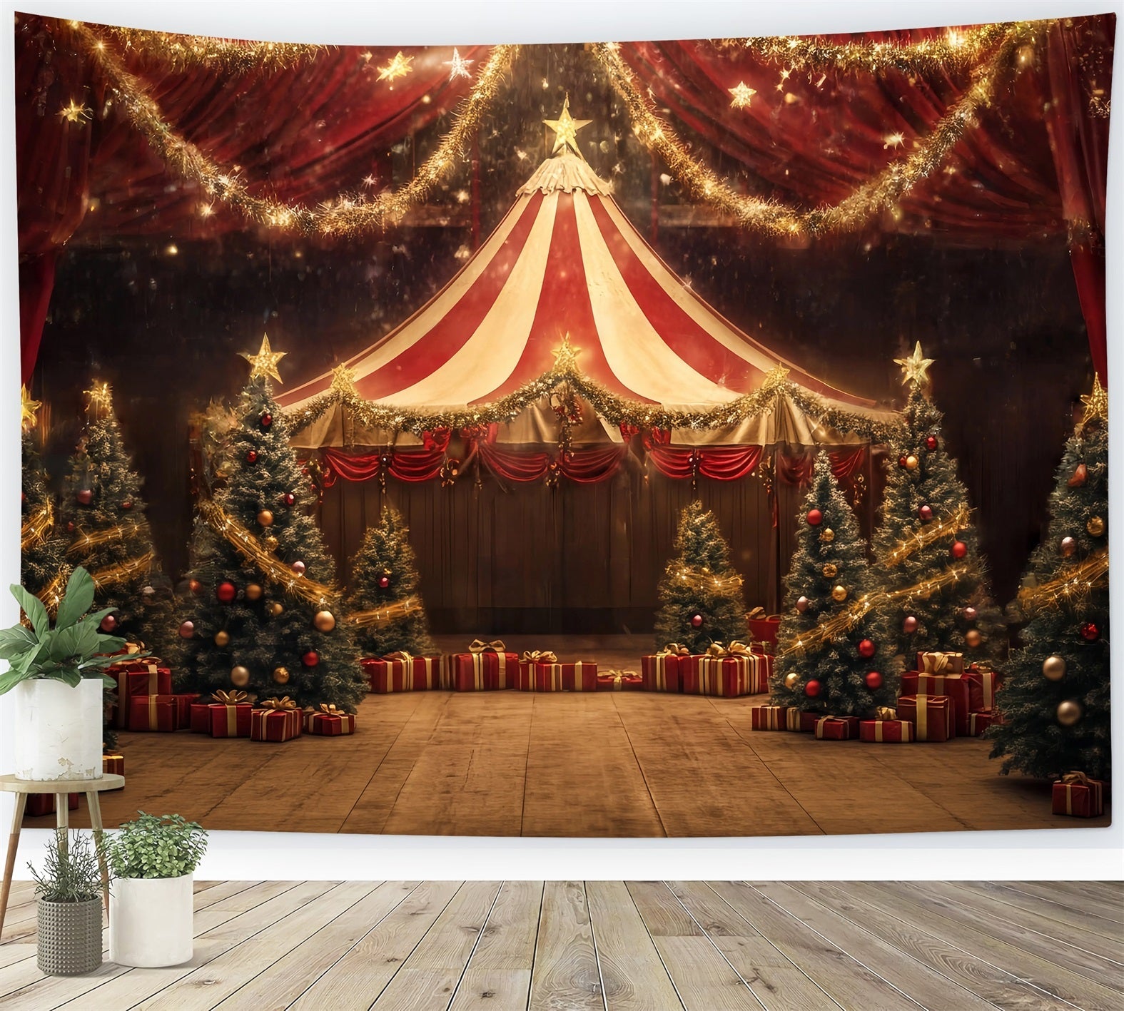 Christmas Circus Backdrop Golden Star Garland Tent Photography Circus Backdrop UK TWW59-34