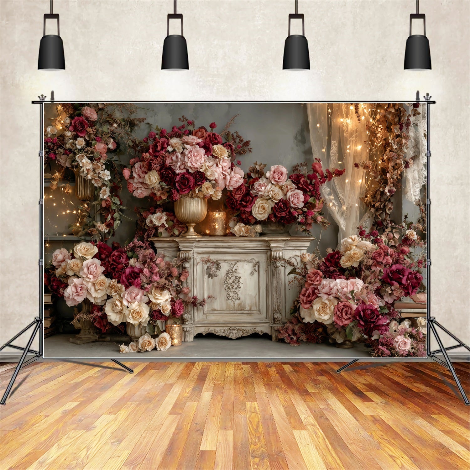 Wedding Vintage Backdrop Vintage Burgundy Rose Arrangement Wedding Backdrops UK TWW59-36