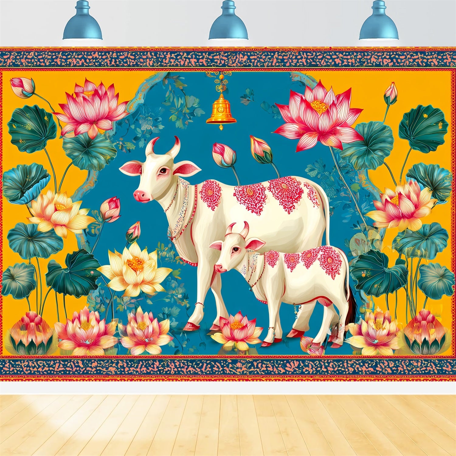 Wedding Indian Backdrop Lotus Cows Colorful Illustration Wedding Backdrops UK TWW59-40
