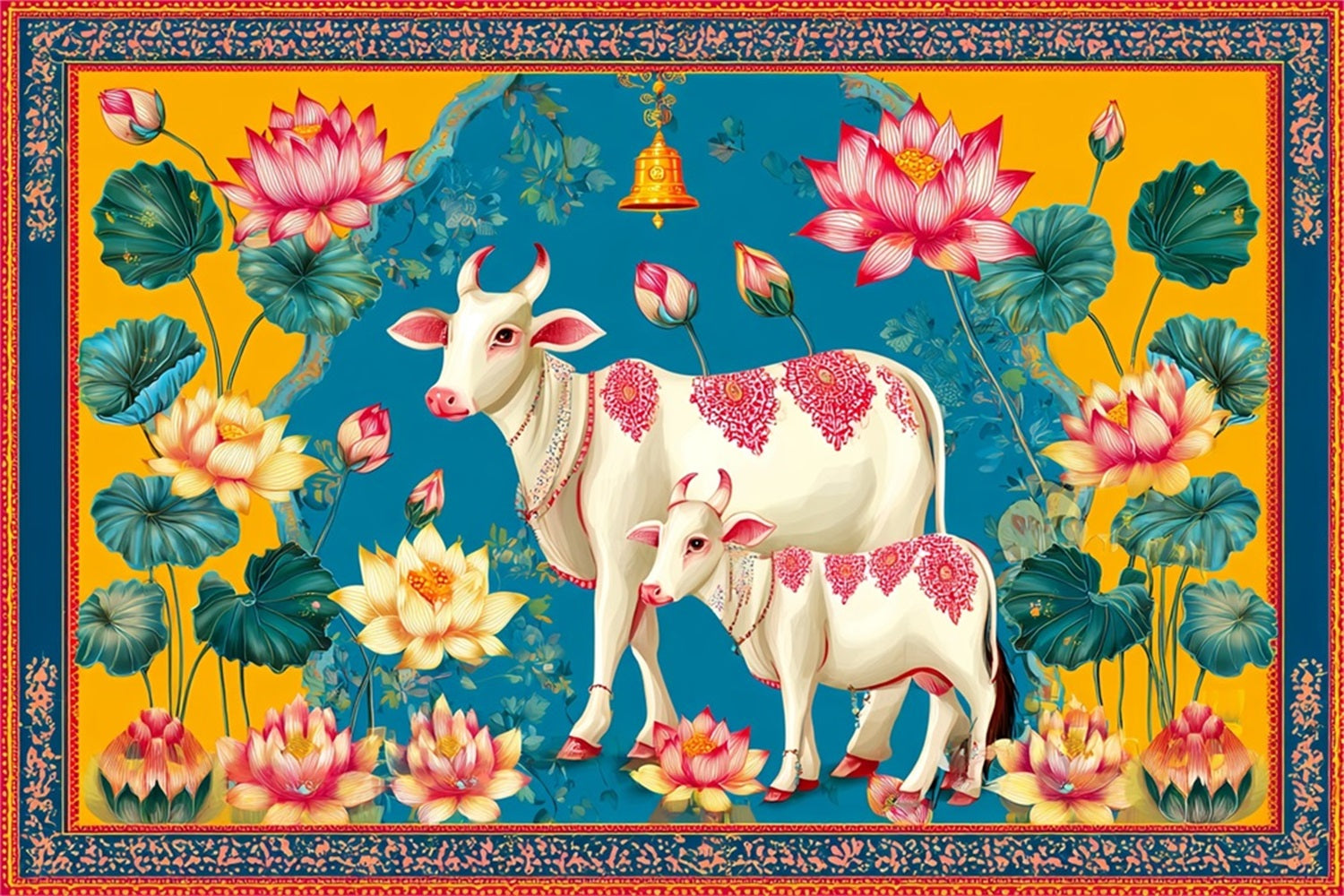 Wedding Indian Backdrop Lotus Cows Colorful Illustration Wedding Backdrops UK TWW59-40
