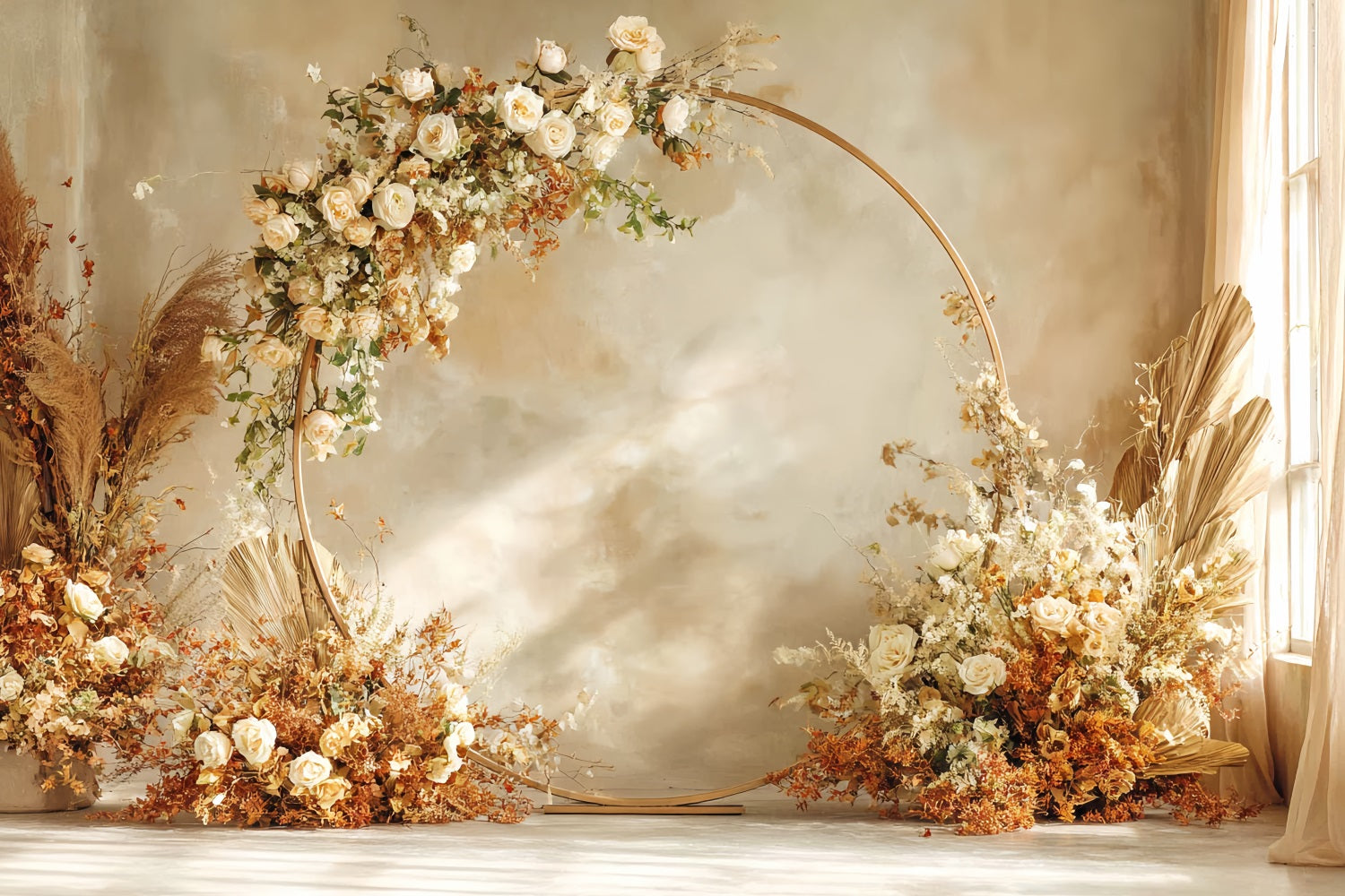 Wedding Backdrop Golden Floral Round Arch Wedding Backdrops UK TWW59-42