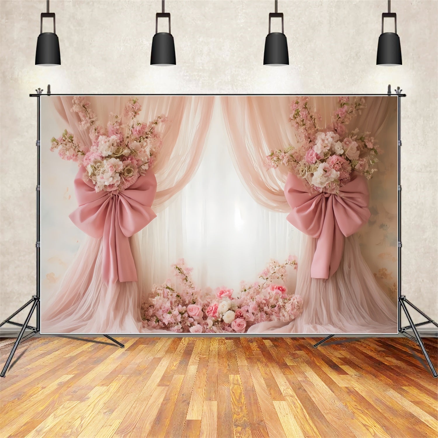 Wedding Vintage Blush Drapes Floral Bows Elegant Wedding Backdrop UK TWW59-43