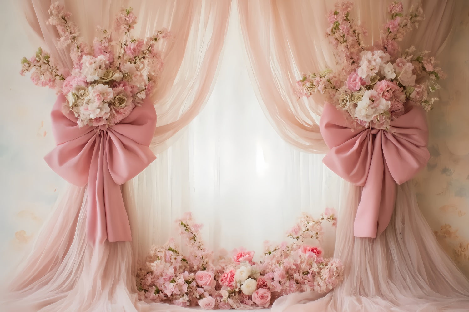 Wedding Vintage Blush Drapes Floral Bows Elegant Wedding Backdrop UK TWW59-43