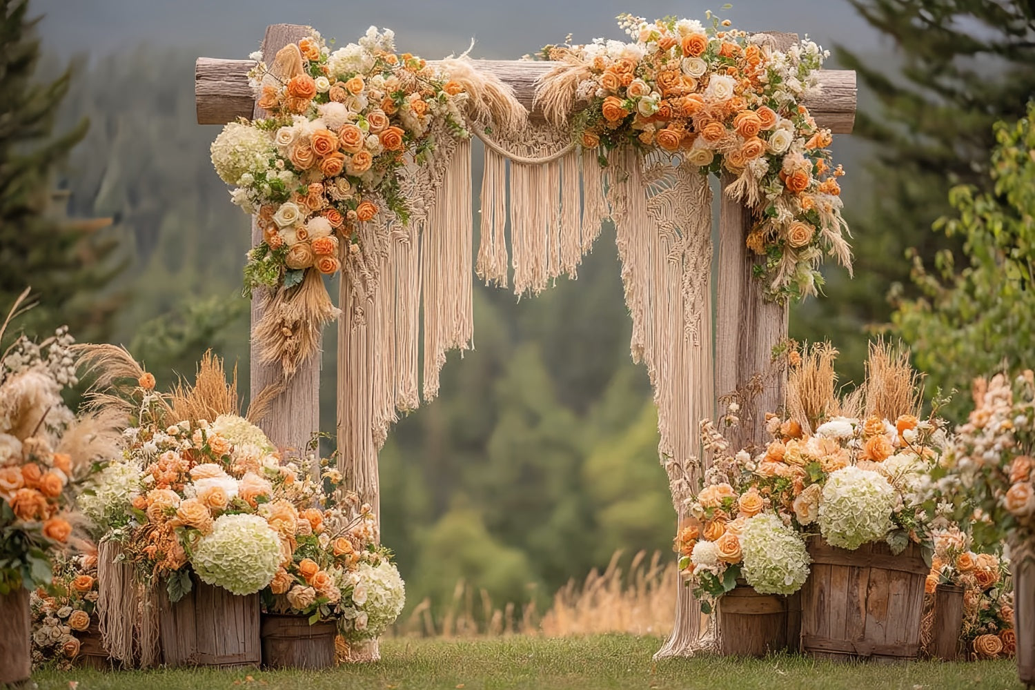 Wedding Macrame Backdrop Rustic Arch Orange Roses Boho Wedding Backdrop UK TWW59-44