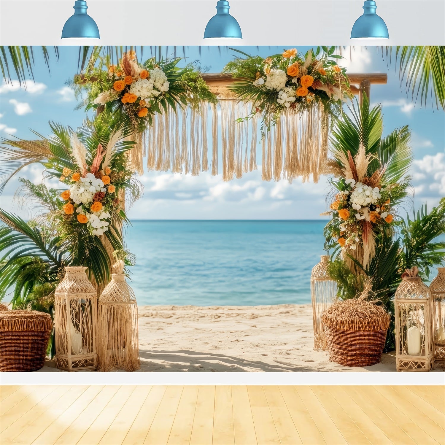 Wedding Beach Backdrop Tropical Beach Floral Arch Boho Wedding Backdrop UK TWW59-47