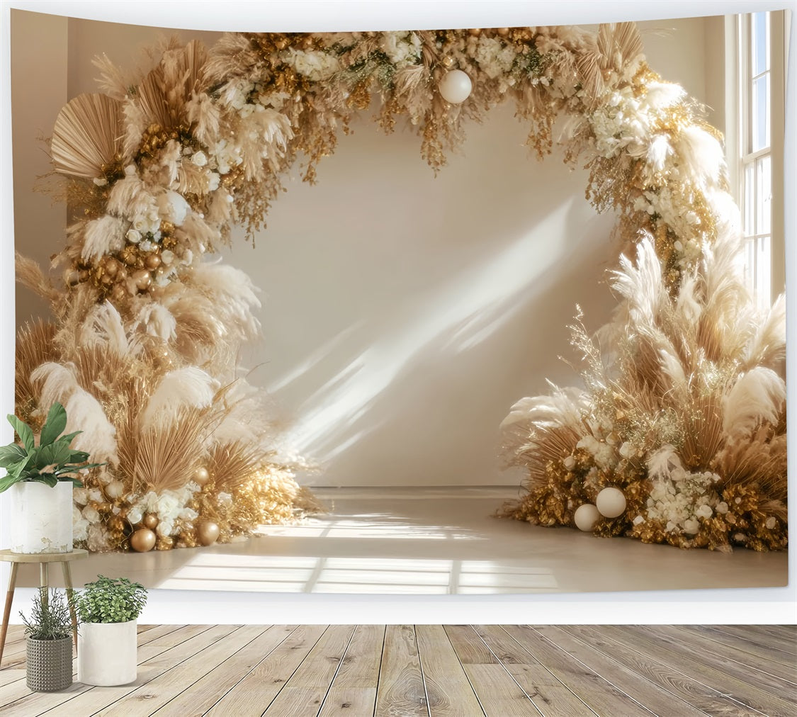 Wedding Christmas Backdrop Golden Pampas Circular Arch Boho Wedding Backdrop UK TWW59-48