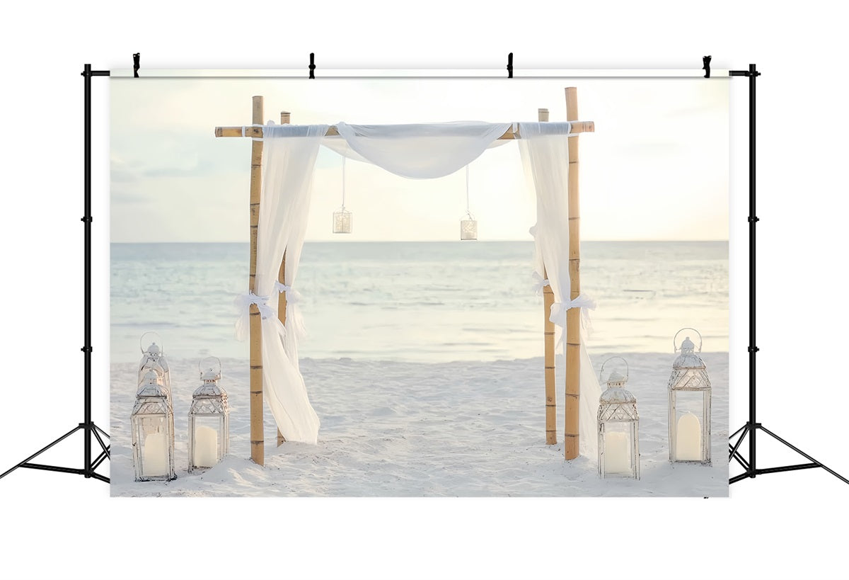Wedding Beach Backdrop Minimal Bamboo White Drapes Wedding Backdrop Design UK TWW59-49