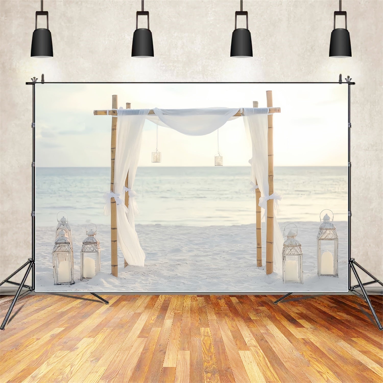 Wedding Beach Backdrop Minimal Bamboo White Drapes Wedding Backdrop Design UK TWW59-49