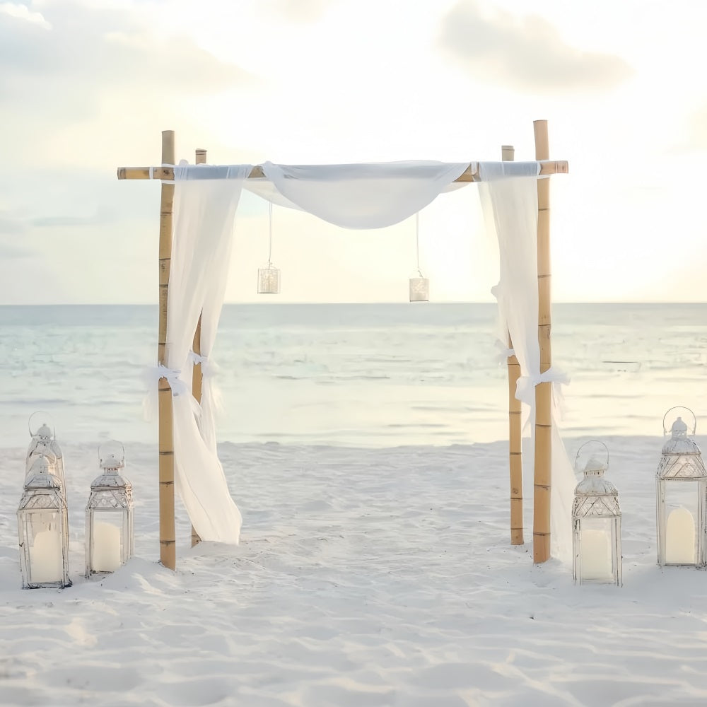 Wedding Beach Backdrop Minimal Bamboo White Drapes Wedding Backdrop Design UK TWW59-49