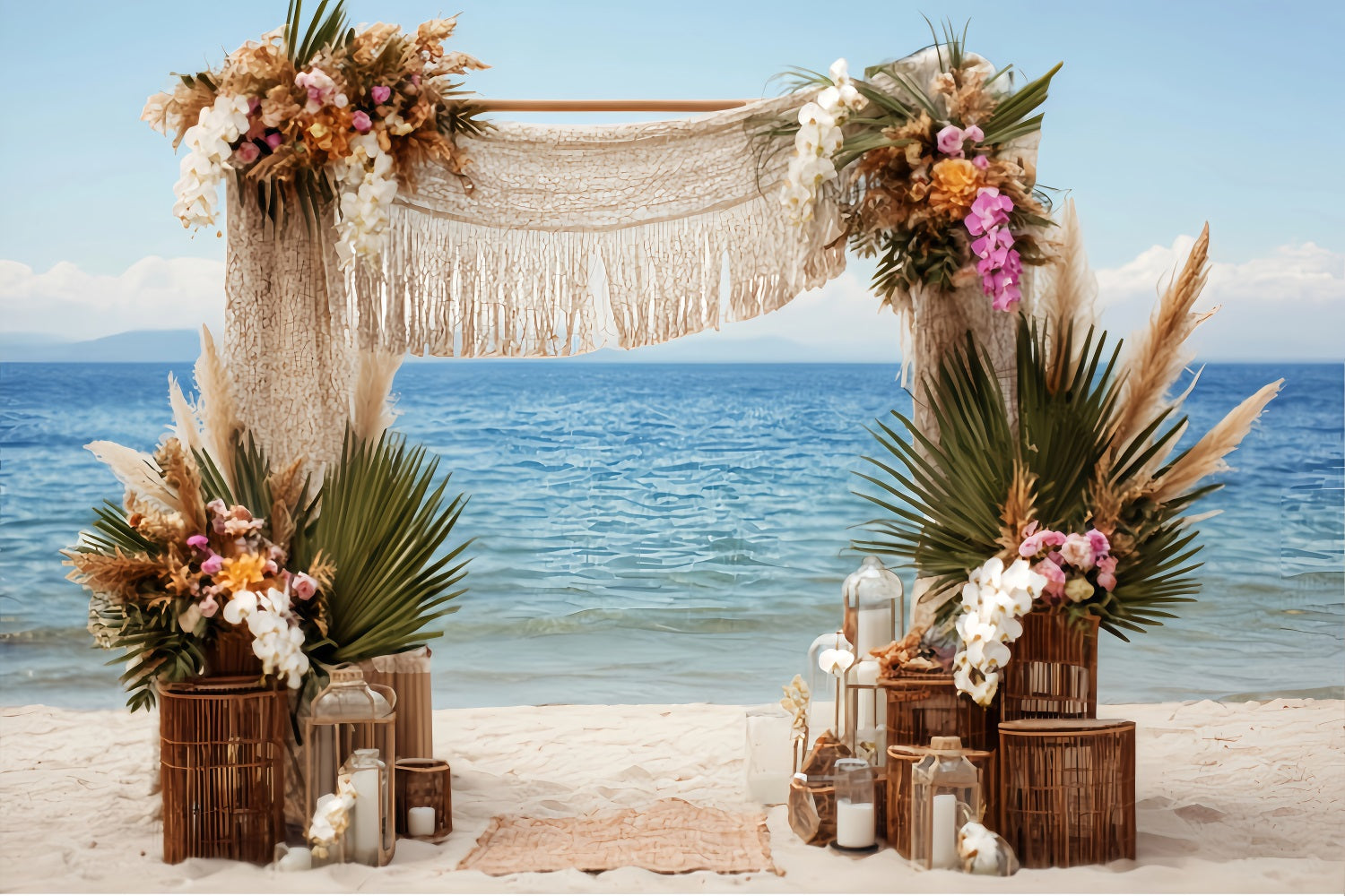 Wedding Beach Backdrop Bohemian Seaside Macrame Arch Wedding Backdrops Ideas UK TWW59-52