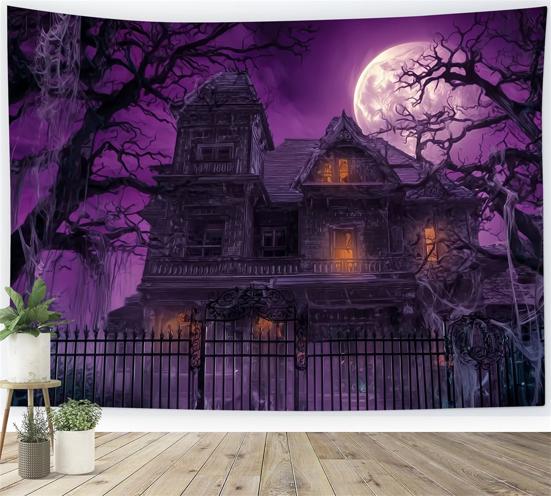 Halloween Haunted Mansion Backdrop Purple Sky Full Moon Scary Halloween Backdrops UK TWW59-63