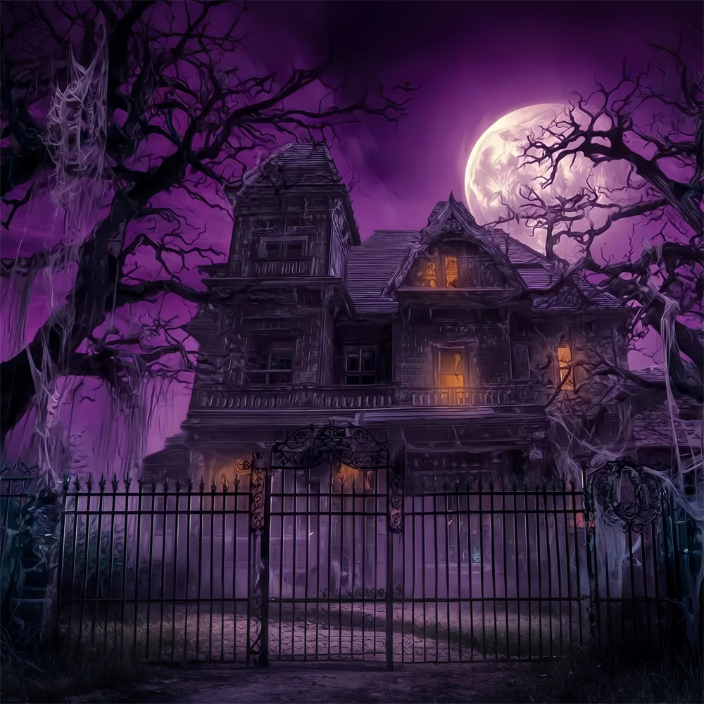 Halloween Haunted Mansion Backdrop Purple Sky Full Moon Scary Halloween Backdrops UK TWW59-63