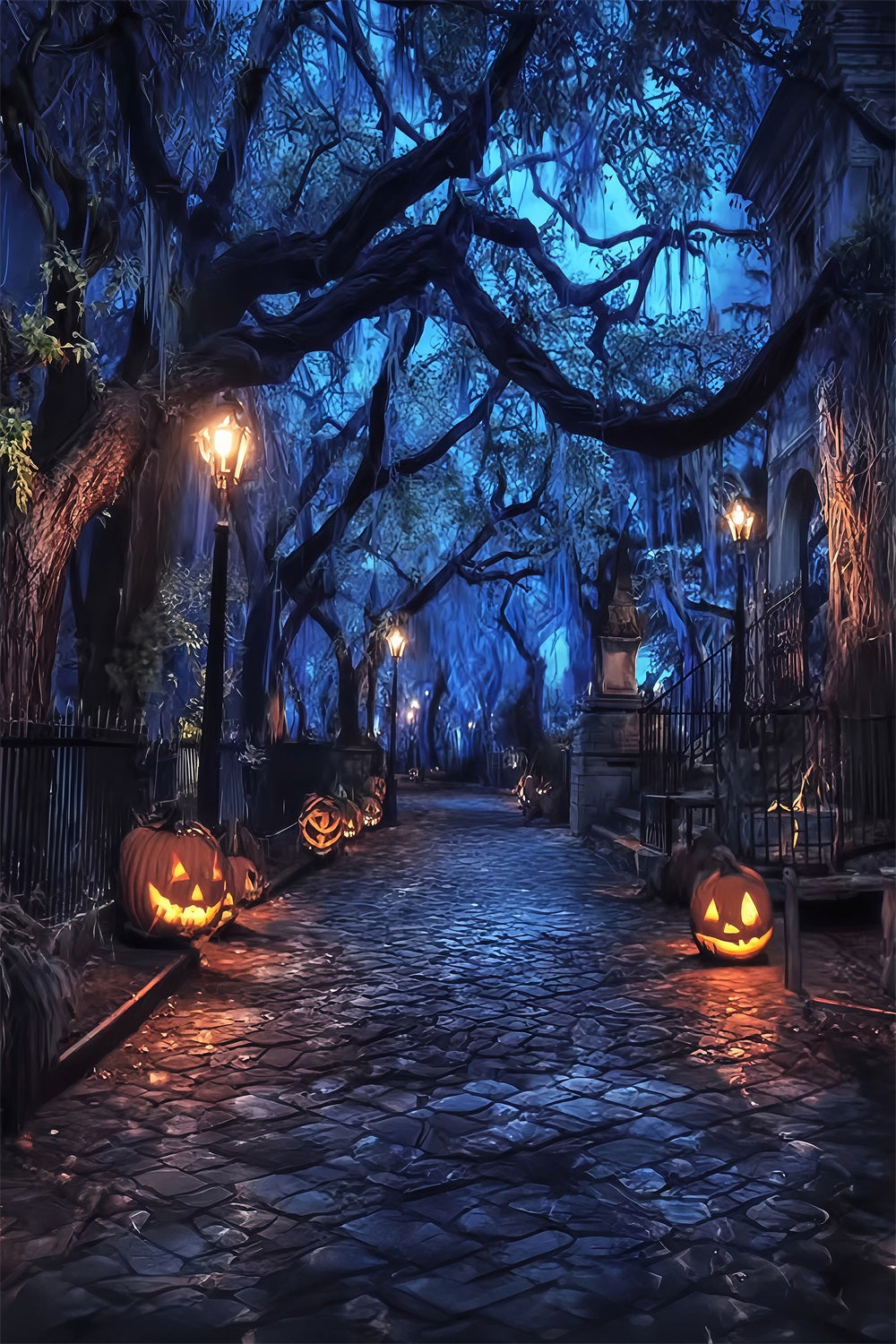 Halloween Haunted Forest Backdrop Spooky Pumpkin Lantern Street Halloween Backdrops UK TWW59-70