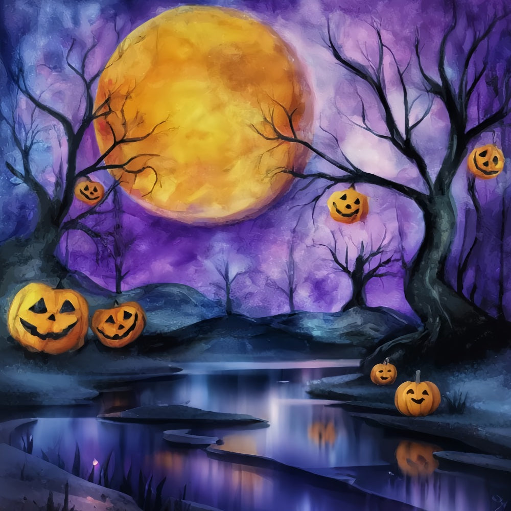 Halloween Moon Backdrop Pumpkin Moonlit Purple Sky Halloween Backdrops UK TWW59-74