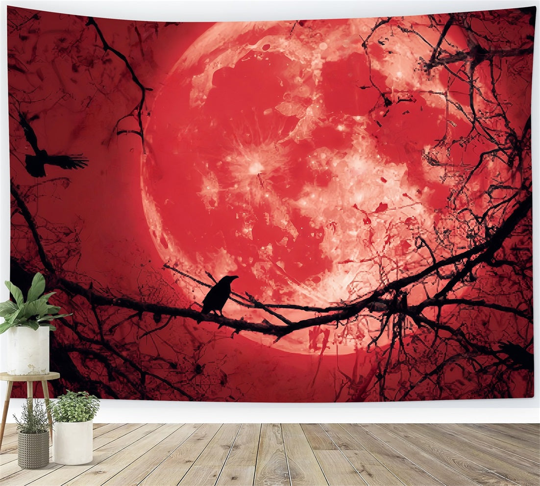 Halloween Moon Backdrop Bloody Moon Raven Silhouette Halloween Backdrops UK TWW59-83